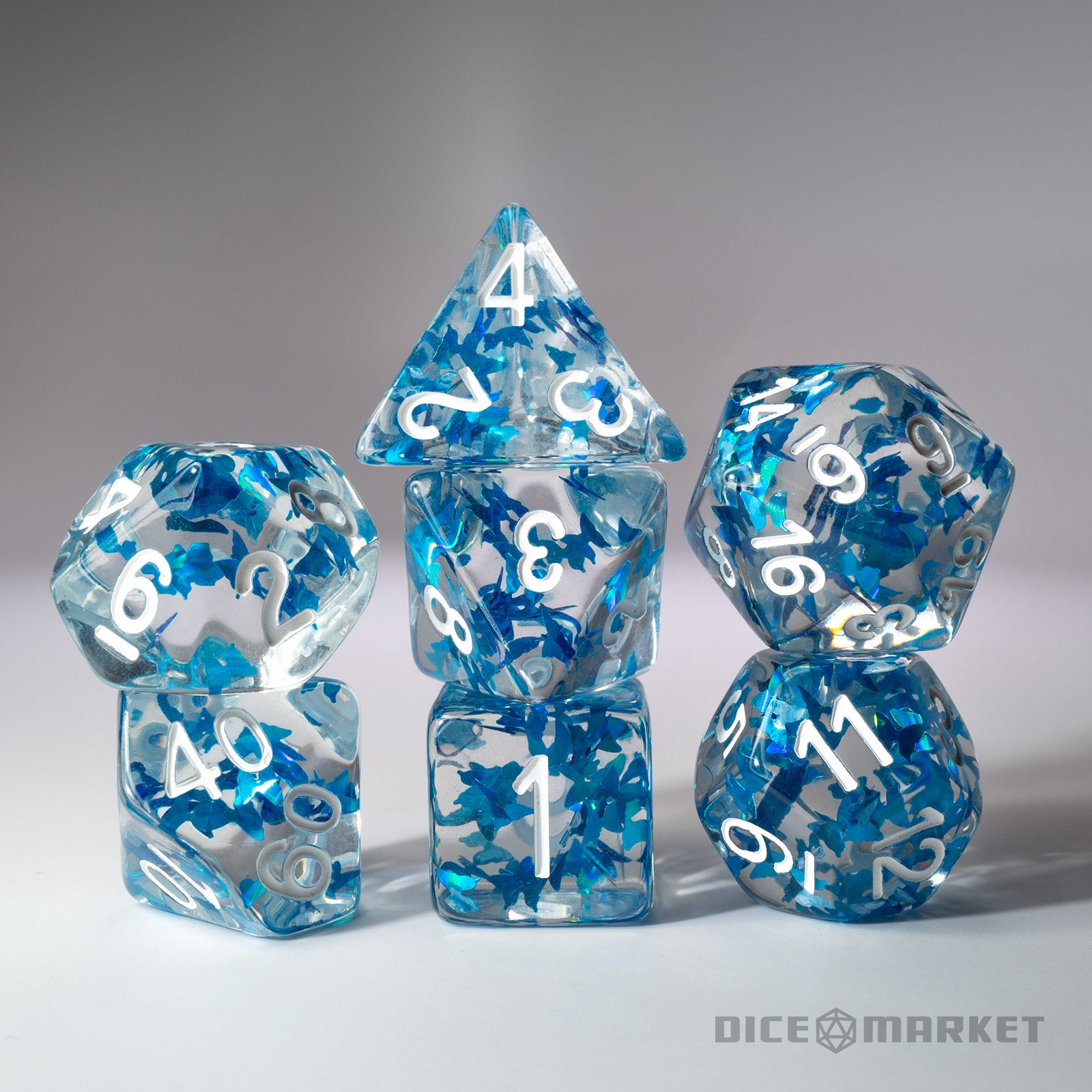 Blue Butterflies Filled 7pc Polyhedral Dice Set with White Ink